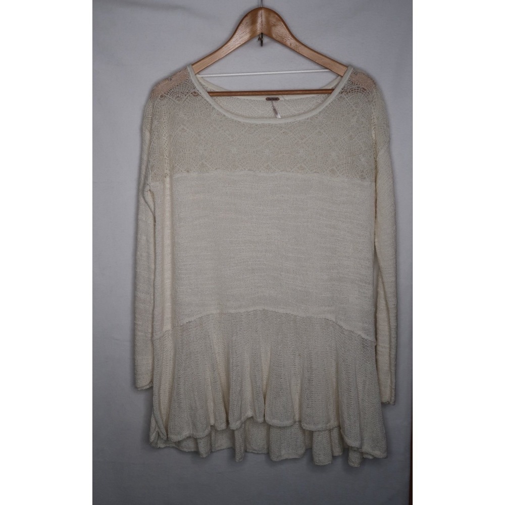 Free People Lace Knit Tunic Sweater Women's S Cream Boho Flowy Coquette Top - Picture 2 of 12